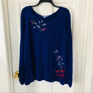 CHARTER CLUB blue floral bird embroidered puff sleeve sweater size 3X